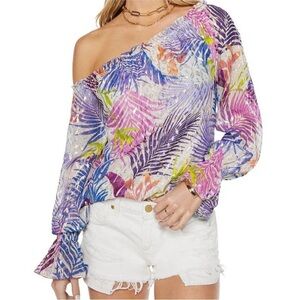 Ramy Brook Cleo Off The Shoulder Metallic Long Sleeve Ruffle Sleeve Blouse